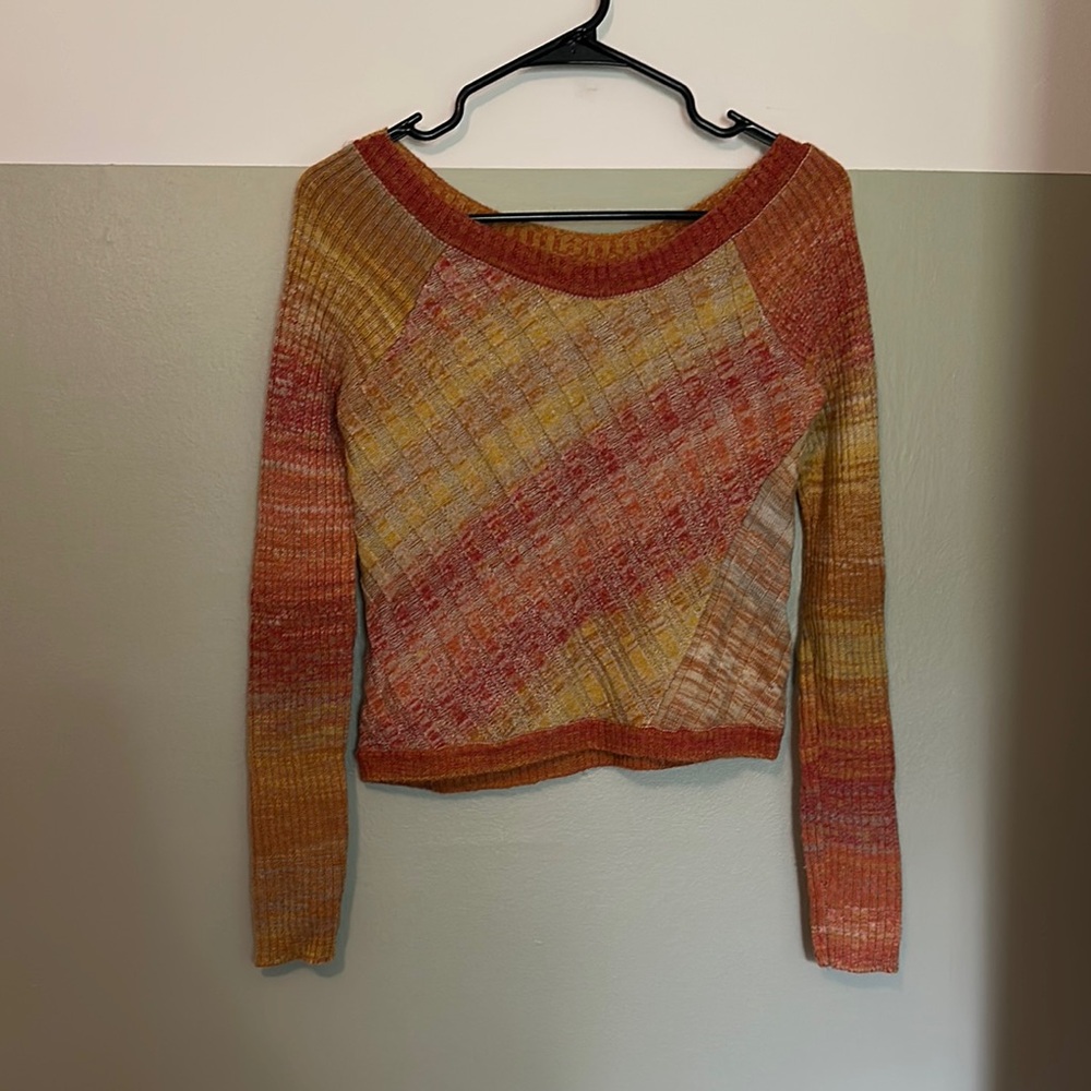 Free People Red and Yellow Crew Neck Sweater slight off the shoulder